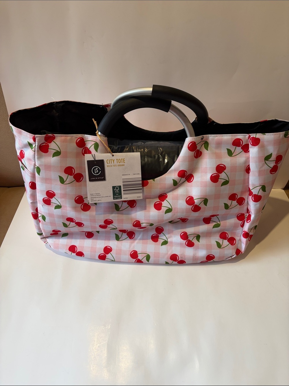 Cherry Print Tote Bag - Pink Gingham